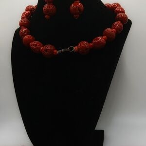 Mediterranean Red Coral Beaded Necklace and Earring Set Stunning Set